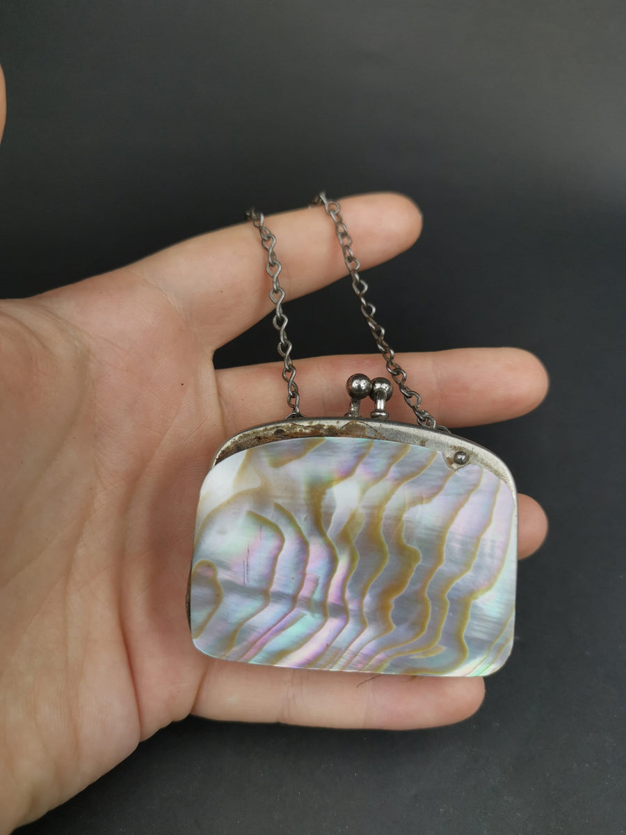 Antique Mother of Pearl Shell Sovereign Coin Purse with Chain Link Top