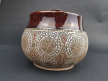 Load image into Gallery viewer, Antique Tobacco Jar Ceramic Pottery with Brass Lock Fitting on Top Made in England Early 1900's Original