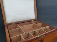 Load image into Gallery viewer, Antique Wooden Jewelry or Sewing Box with Lots of Compartments and Original Key Early 1900's Original