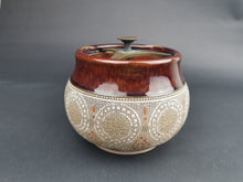 Load image into Gallery viewer, Antique Tobacco Jar Ceramic Pottery with Brass Lock Fitting on Top Made in England Early 1900's Original