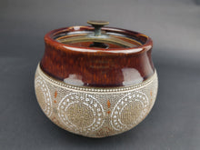 Load image into Gallery viewer, Antique Tobacco Jar Ceramic Pottery with Brass Lock Fitting on Top Made in England Early 1900's Original