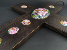Load image into Gallery viewer, Vintage Crucifix Cross Wall Hanging Esmaltes Garcia Wood and Enamel Wooden Large Spanish Hand Made in Spain 1960's Original