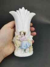 Load image into Gallery viewer, Antique Flower or Spill Vase with Girl and Lamb Victorian Bisque Porcelain Late 1800's Original