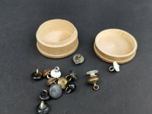Load image into Gallery viewer, Antique Papier Mache Boot Buttons in Original Wooden Box Round Wood Lot Set of 14 Victorian 1800's with Original Label