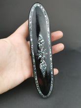 Load image into Gallery viewer, Antique Glasses Pencil or Jewelry Case Victorian Original Paper Mache Metal and Mother of Pearl Paua Shell Inlay Velvet Lined Late 1800's