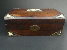Load image into Gallery viewer, Antique Sewing Jewelry or Trinket Box Wood Brass Metal and Celluloid Victorian Original Late 1800's Lined with Green Silk