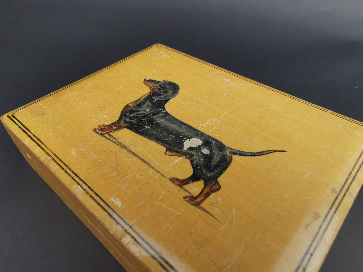 Vintage Art Deco Dachshund Dog Jewelry or Trinket Box Hand Painted Ori