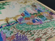 Load image into Gallery viewer, Vintage Embroidery of Spring Garden Landscape with Trees and Flowers on Linen Completely Hand Embroidered Picture Framed 1940's Original