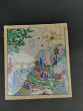 Load image into Gallery viewer, Vintage Embroidery of Spring Garden Landscape with Trees and Flowers on Linen Completely Hand Embroidered Picture Framed 1940's Original