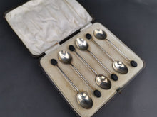 Load image into Gallery viewer, Vintage Teaspoons Set of 6 Demitasse Coffee Bean Spoons Sterling Silver and Guilloche Enamel in Original Fitted Presentation Case Art Deco
