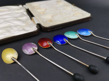 Load image into Gallery viewer, Vintage Teaspoons Set of 6 Demitasse Coffee Bean Spoons Sterling Silver and Guilloche Enamel in Original Fitted Presentation Case Art Deco