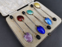 Load image into Gallery viewer, Vintage Teaspoons Set of 6 Demitasse Coffee Bean Spoons Sterling Silver and Guilloche Enamel in Original Fitted Presentation Case Art Deco