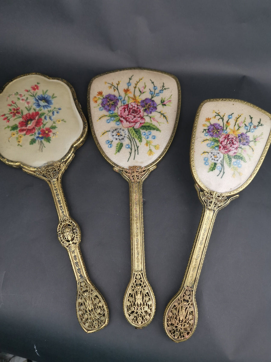 Vintage Vanity Brush set,Mirror Brush and Comb 3 pices with Original box,Embroid Floral gold filigree dressing Vanity , Vintage home decor. newest