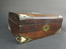Load image into Gallery viewer, Antique Sewing Jewelry or Trinket Box Wood Brass Metal and Celluloid Victorian Original Late 1800's Lined with Green Silk
