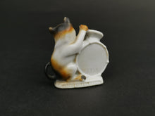 Load image into Gallery viewer, Antique Cat Playing the Drums Figurine Miniature Ceramic Bisque Porcelain Late 1800's Original Victorian
