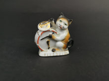Load image into Gallery viewer, Antique Cat Playing the Drums Figurine Miniature Ceramic Bisque Porcelain Late 1800's Original Victorian