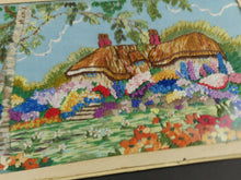 Load image into Gallery viewer, Vintage Embroidery of Spring Garden Landscape with Trees and Flowers and Cottage Completely Hand Embroidered Picture Framed 1940's Original