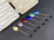 Load image into Gallery viewer, Vintage Teaspoons Set of 6 Demitasse Coffee Bean Spoons Sterling Silver and Guilloche Enamel in Original Fitted Presentation Case Art Deco