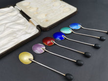 Load image into Gallery viewer, Vintage Teaspoons Set of 6 Demitasse Coffee Bean Spoons Sterling Silver and Guilloche Enamel in Original Fitted Presentation Case Art Deco