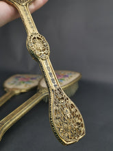 Load image into Gallery viewer, Vintage Vanity Hand Mirrors and Hair Brush Set of 3 with Floral Petite Point Flowers Embroidery Gold Filigree Metal and Beveled Glass 1930's