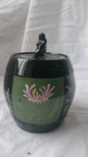 Load image into Gallery viewer, Antique Hand Painted Black Pottery Storage Jar with Lady Figure Top Handle  Early 1900's Ginger Pot