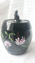 Load image into Gallery viewer, Antique Hand Painted Black Pottery Storage Jar with Lady Figure Top Handle  Early 1900's Ginger Pot
