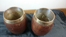 Load image into Gallery viewer, Antique Wooden Drinking Tumbler Vessel Cups Wood with Metal Lining and Trim  Set of 2 Late 1800's - Early 1900's