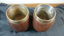Load image into Gallery viewer, Antique Wooden Drinking Tumbler Vessel Cups Wood with Metal Lining and Trim  Set of 2 Late 1800's - Early 1900's