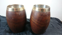 Load image into Gallery viewer, Antique Wooden Drinking Tumbler Vessel Cups Wood with Metal Lining and Trim  Set of 2 Late 1800's - Early 1900's