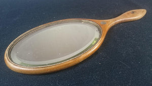 Antique Wooden Vanity Hand Mirror Wood with Mother of Pearl Inlay and Beveled Glass Early 1900's