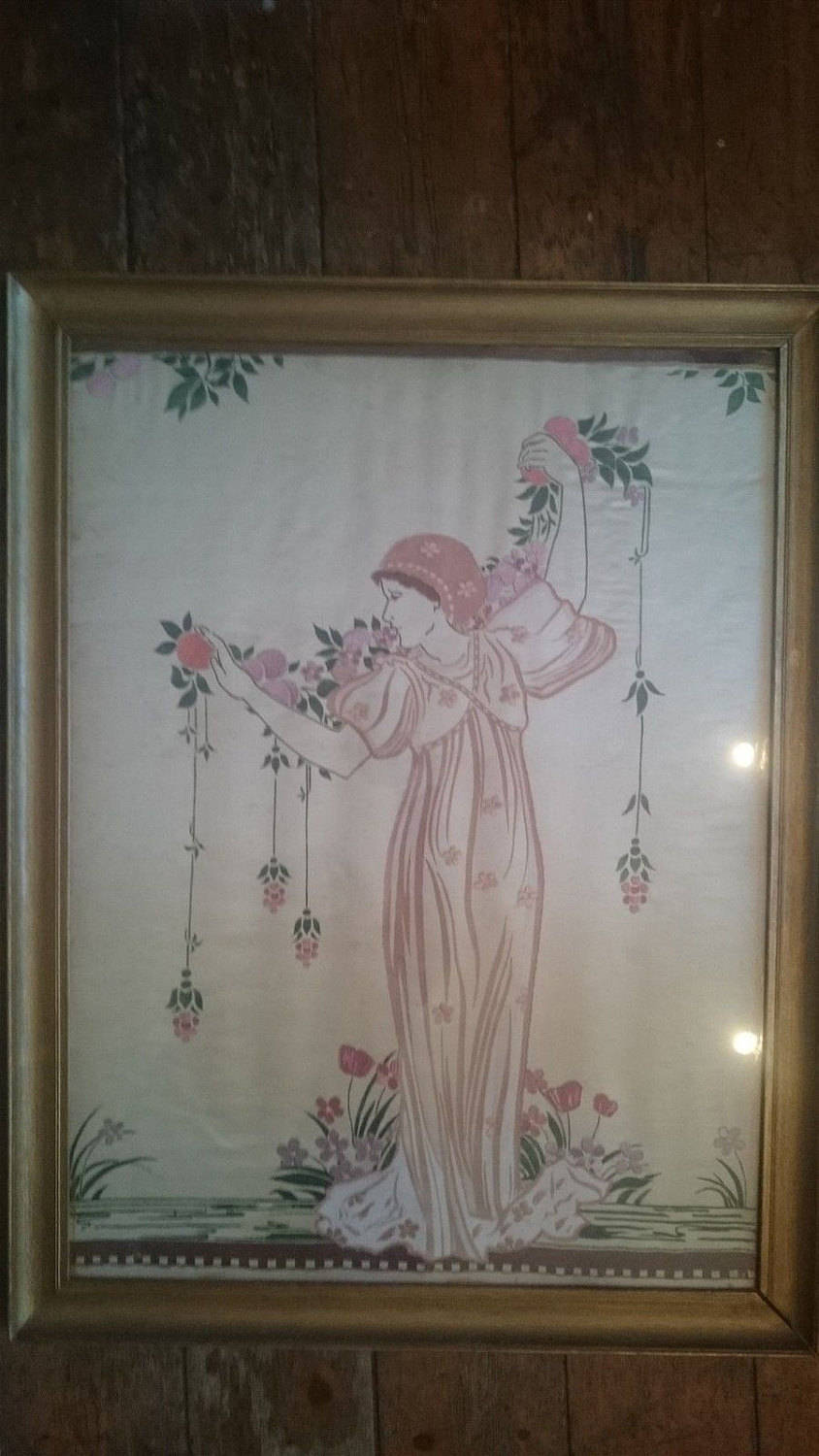 Antique Arts and Crafts Art Nouveau Lady Portrait Embroidery on Silk in Original Frame Hand Embroidered and Art Painting  Late 1800's