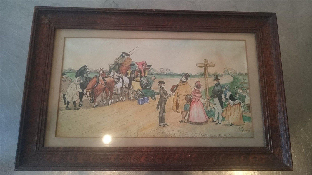 Antique Victorian Watercolor Painting in Original Oak Wood Frame  1800's