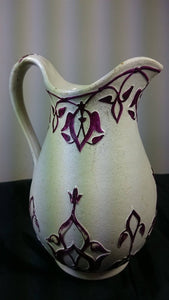 Antique Art Nouveau Victorian Ceramic Pottery Pitcher Jug Mid to Late 1800's White and Burgundy Rose