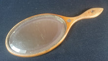 Load image into Gallery viewer, Antique Wooden Vanity Hand Mirror Wood with Mother of Pearl Inlay and Beveled Glass Early 1900&#39;s
