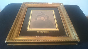 Antique Victorian Winter Lady Lithograph Fashion Print in Original Gold Gilt and Wood Frame 1800's