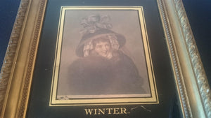 Antique Victorian Winter Lady Lithograph Fashion Print in Original Gold Gilt and Wood Frame 1800's