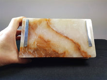 Load image into Gallery viewer, Vintage Art Deco Scottish Alabaster Marble Bakelite and Chrome Metal Jewelry or Trinket Box 1920&#39;s - 1930&#39;s Orange White Silver
