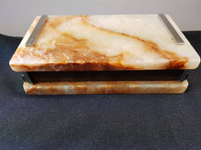 Load image into Gallery viewer, Vintage Art Deco Scottish Alabaster Marble Bakelite and Chrome Metal Jewelry or Trinket Box 1920&#39;s - 1930&#39;s Orange White Silver
