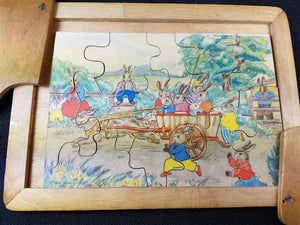Vintage Wooden Children's Jigsaw Puzzle in Wood Case Box with Bunny Rabbits Illustration 1920's