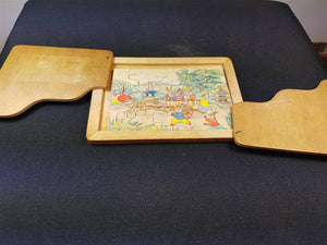 Vintage Wooden Children's Jigsaw Puzzle in Wood Case Box with Bunny Rabbits Illustration 1920's