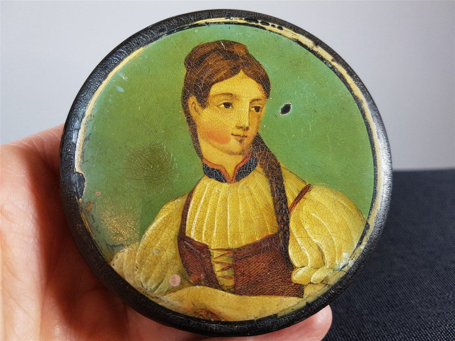 Antique Georgian Hand Painted Lady Portrait Paper Papier Mache Patch o