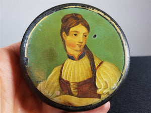 Antique Georgian Hand Painted Lady Portrait Paper Papier Mache Patch or Snuff Box  Early 1800's with Woman Oil Painting on Top