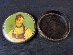 Antique Georgian Hand Painted Lady Portrait Paper Papier Mache Patch or Snuff Box  Early 1800's with Woman Oil Painting on Top