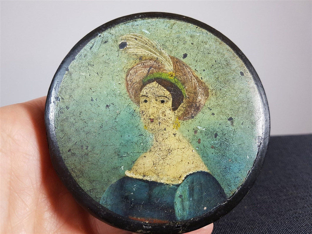Antique Georgian Hand Painted Lady Portrait Paper Papier Mache Patch or Snuff Box  Early 1800's