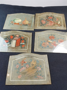 Antique Victorian Hand Painted Glass Panels Set of 5 Original Art Different Designs 1800's