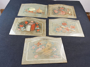 Antique Victorian Hand Painted Glass Panels Set of 5 Original Art Different Designs 1800's