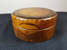 Load image into Gallery viewer, Antique Poker Work Treen Carved Wood Round Jewelry or Trinket Box Early 1900&#39;s Original Hand Made
