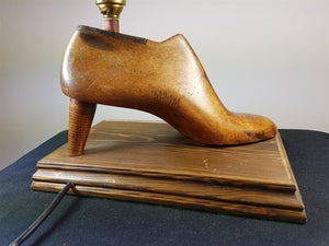 Vintage High Heel Shoe Table Lamp Made from Antique Wooden Shoe Cobblers Form Metal and Wood