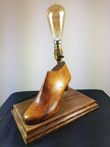 Vintage High Heel Shoe Table Lamp Made from Antique Wooden Shoe Cobblers Form Metal and Wood