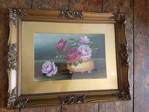 Antique Pink and Red Rose Flowers Oil Painting in Original Gold Gilt Frame Victorian Roses 1800's
